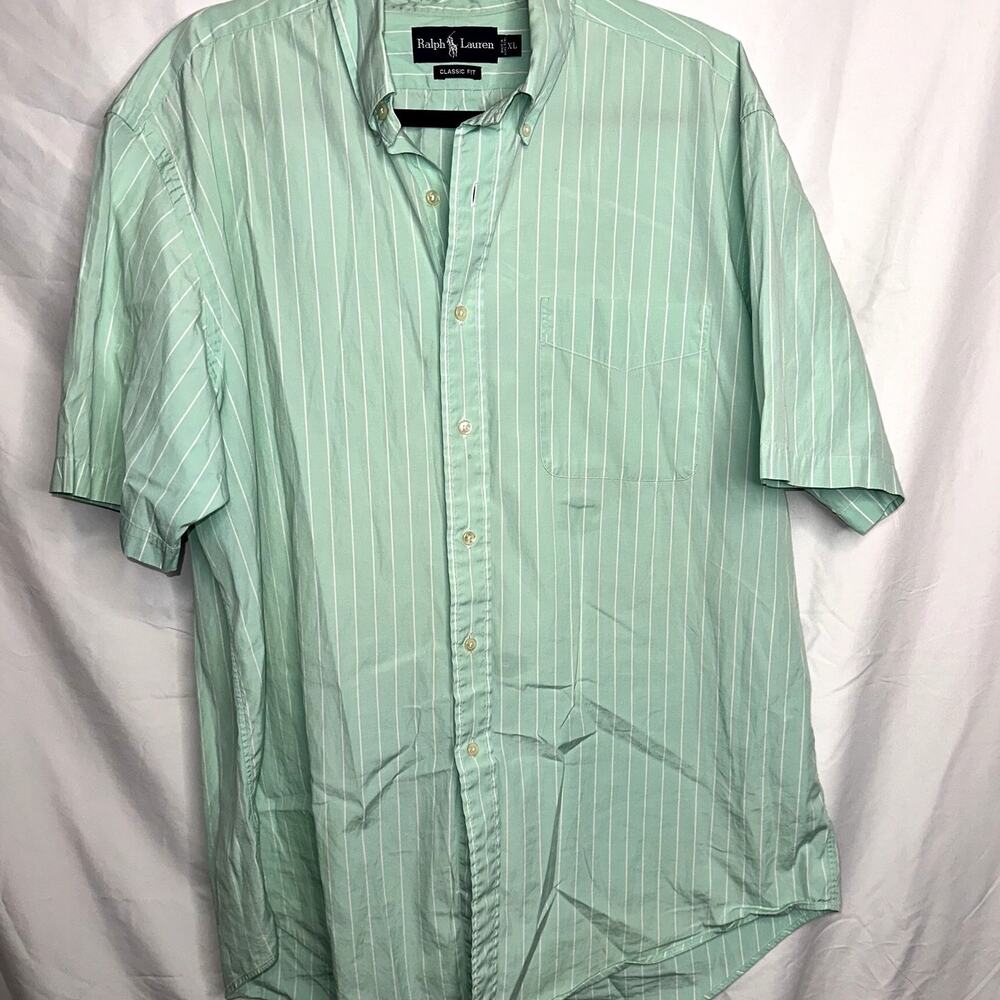 Ralph Lauren Mens Sz XL Mint Green White Stripe Classic Fit Button Short Sleeve